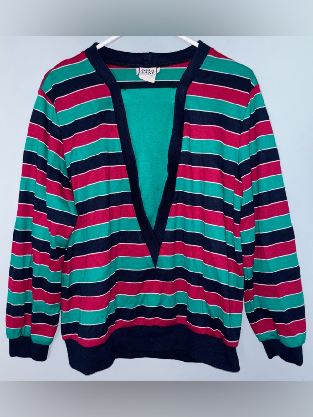 Vintage Cricket Lane Women’s L Striped Fake V-Neck Sweater Green, Navy & Berry